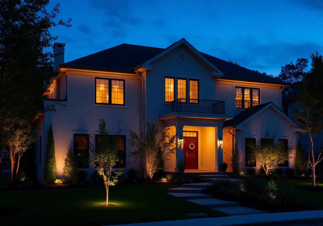 Home with landscape and soffit lighting